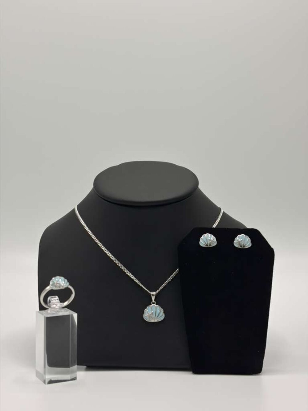 925 Sterling Silver Blue Shell Necklace 18" with Earrings and Ring Set